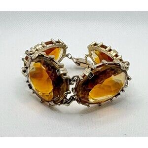 Vintage Oversized Bi-Color Amber Yellow Glass Cabochon Link Cocktail Bracelet
